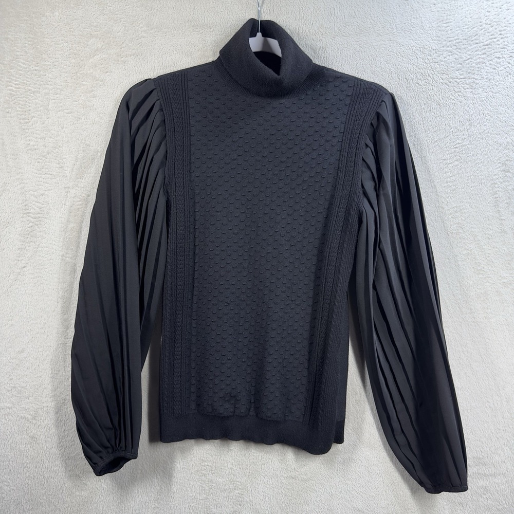 White House Black Market Black Turtleneck Sweater Size XS Sheer Balloon Sleeves